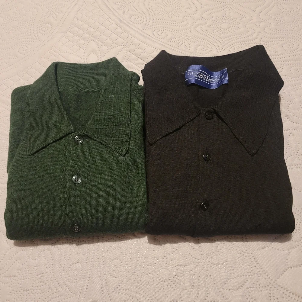 Vtg Gieves Hawkes Collared Sweater Mens Large Pure Wool Pullover Green Black 2pc